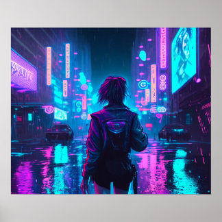 Cyberpunk anime girl rainy city poster