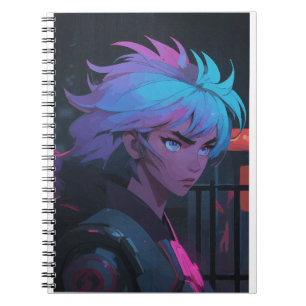 Cyberpunk Anime Girl with Neon Hair – Futuristic Notebook