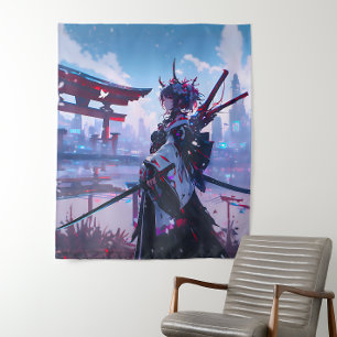 Cyberpunk Anime Japanese Miko Torii Gate Tapestry