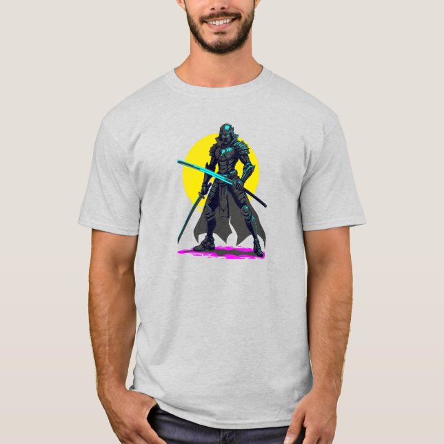 Cyberpunk Armoured Samurai Neon Warrior Art T-Shirt (Front)