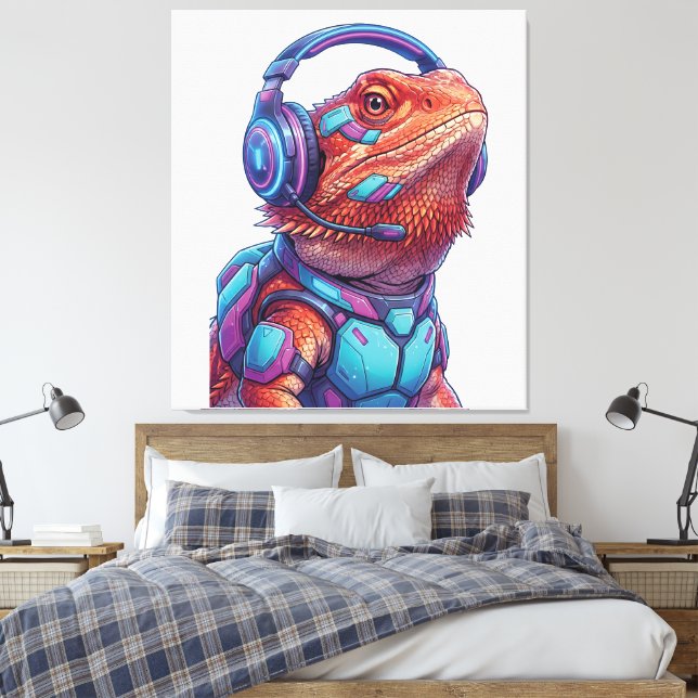 Cyberpunk Bearded Dragon - Gamer Lizard with Heads Canvas Print (Insitu(Bedroom))
