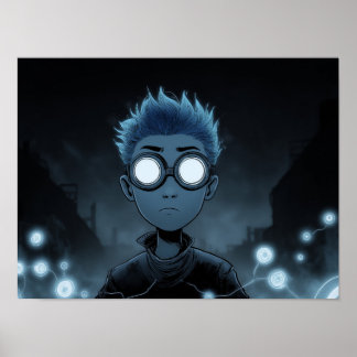 Cyberpunk Boy With Glowing Goggles And Blue Hair Poster