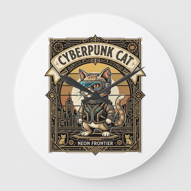 Cyberpunk Cat Cat Cyberpunk Vintage Large Clock (Front)