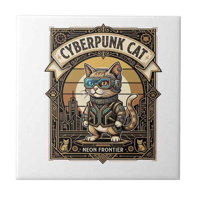 Cyberpunk Cat Cat Cyberpunk Vintage Tile (Front)