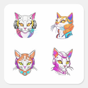 Cyberpunk Cat Doodle Style 4 Pack Stickers