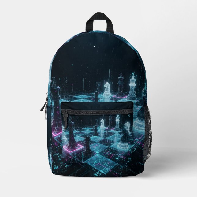 Cyberpunk Chess, Neon Digital Board Game S Printed Backpack (Front)