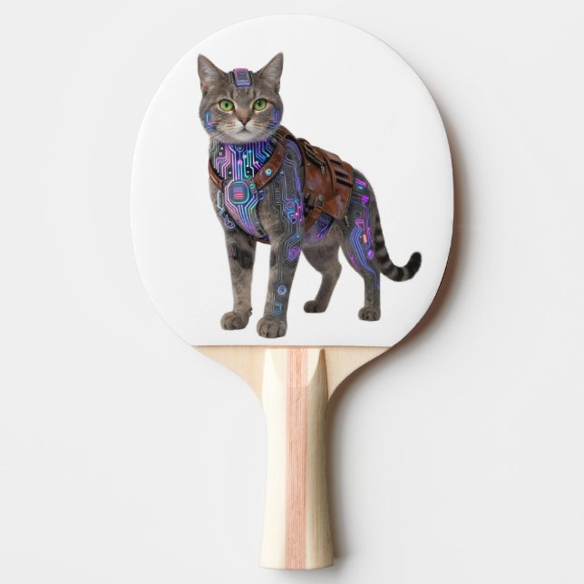 Cyberpunk Circuit Cat – Neon Tech Beast Ping Pong Paddle (Front)