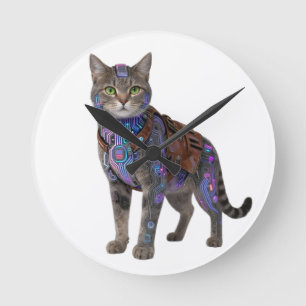 Cyberpunk Circuit Cat – Neon Tech Beast Round Clock