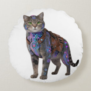 Cyberpunk Circuit Cat – Neon Tech Beast Round Pillow