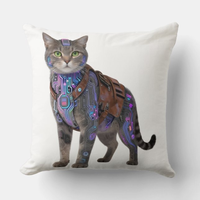 Cyberpunk Circuit Cat – Neon Tech Beast Throw Pillow (Front)