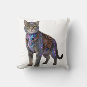 Cyberpunk Circuit Cat – Neon Tech Beast Throw Pillow