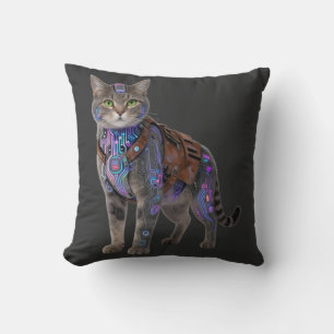 Cyberpunk Circuit Cat – Neon Tech Beast Throw Pillow