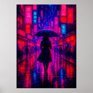 Cyberpunk City Night with Neon Lights and Umbrella Poster