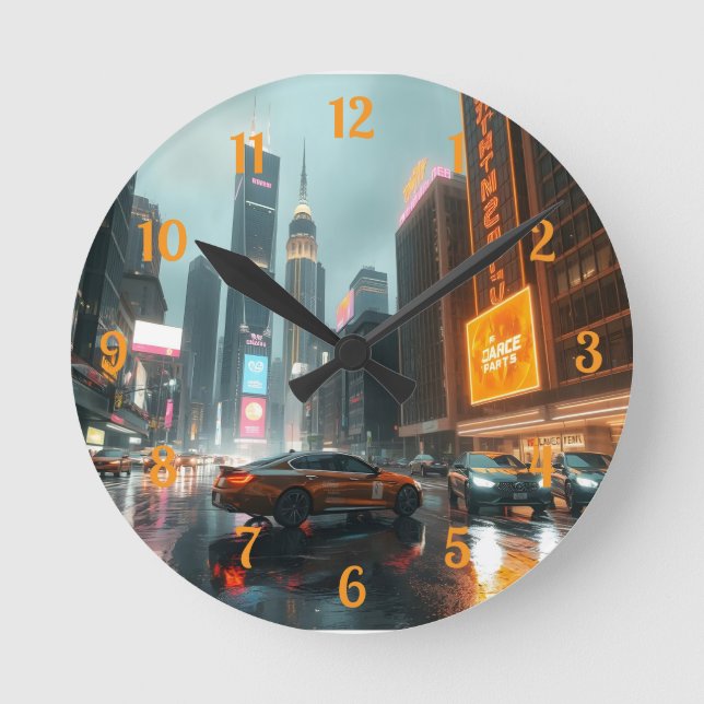 Cyberpunk City Skyscrapper Cars Round Clock (Front)