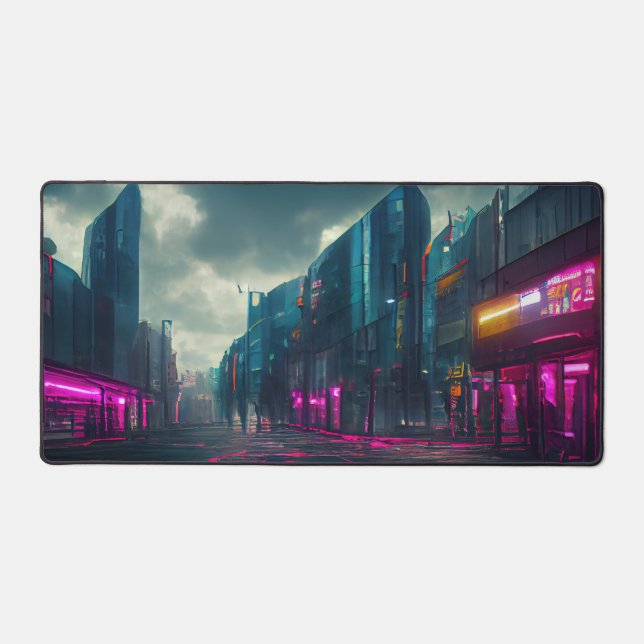  Cyberpunk City Street Neon Lights Gamers Gift Desk Mat (Front)