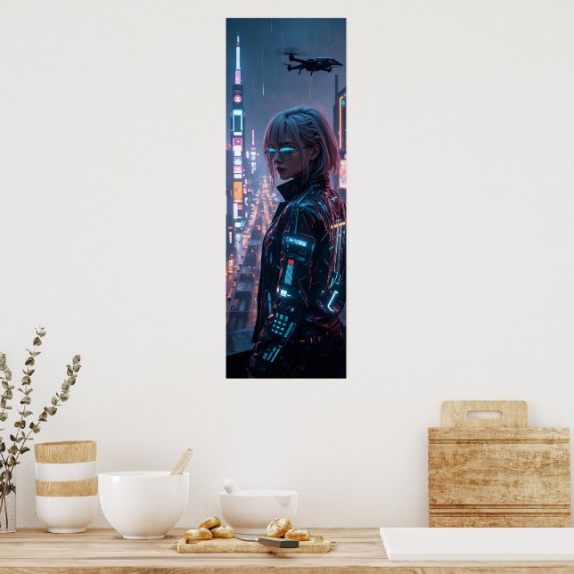 Cyberpunk Cityscape Poster Futuriste Femme Hacke (Cuisine)