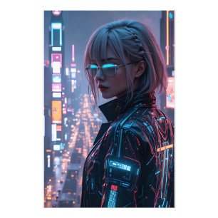 Cyberpunk Cityscape Poster Futuriste Femme Hacke