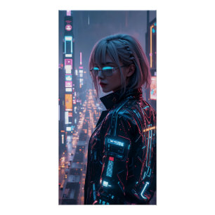 Cyberpunk Cityscape Poster Futuriste Femme Hacke