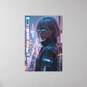 Cyberpunk Cityscape Poster Futuristic Female Hacke Canvas Print