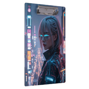 Cyberpunk Cityscape Poster Futuristic Female Hacke Clipboard
