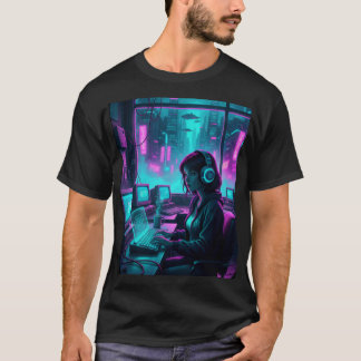 Cyberpunk Coder Girl – Retro Future Hacker Art T-Shirt