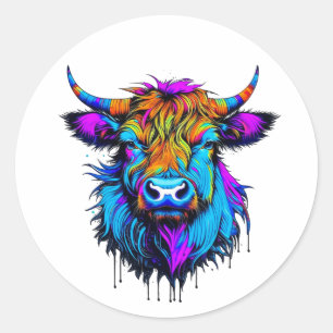 Cyberpunk Colorful Ai Highland Cow Classic Round Sticker