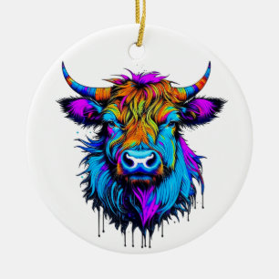Cyberpunk Colourful Ai Highland Cow Christmas Ceramic Ornament