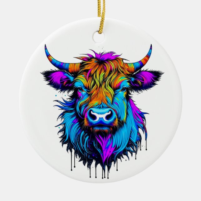 Cyberpunk Colourful Ai Highland Cow Christmas Ceramic Ornament (Front)