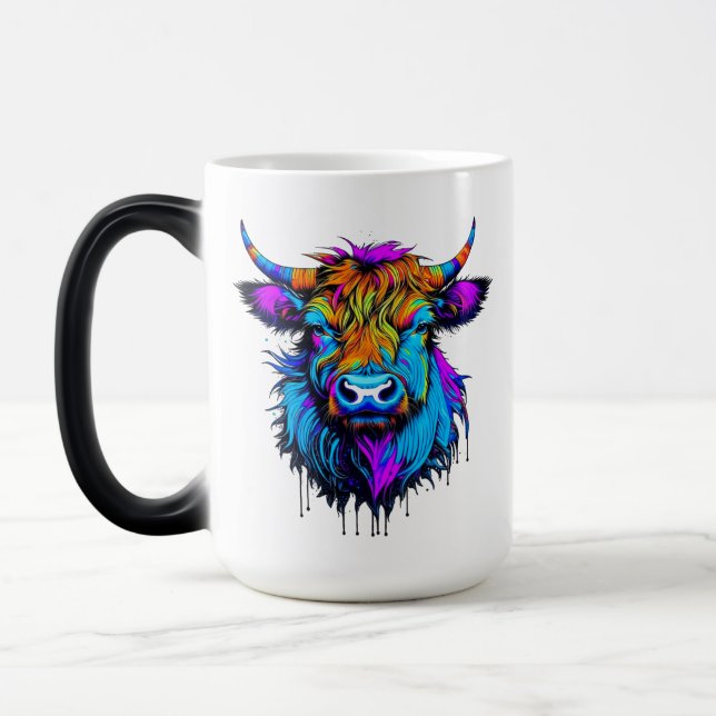 Cyberpunk Colourful Ai Highland Cow Magic Mug (Left)