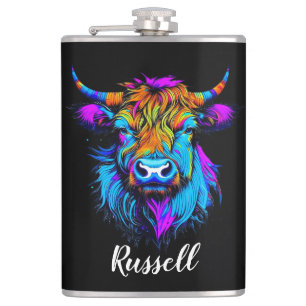 Cyberpunk Colourful Ai Highland Cow Personalized Hip Flask