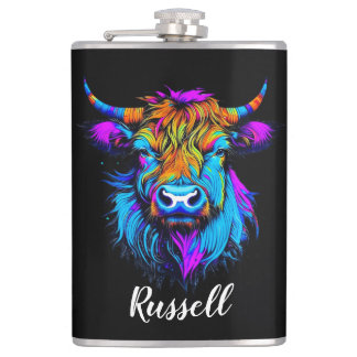 Cyberpunk Colourful Ai Highland Cow Personalized Hip Flask
