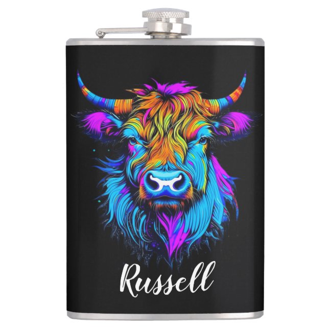 Cyberpunk Colourful Ai Highland Cow Personalized Hip Flask (Front)