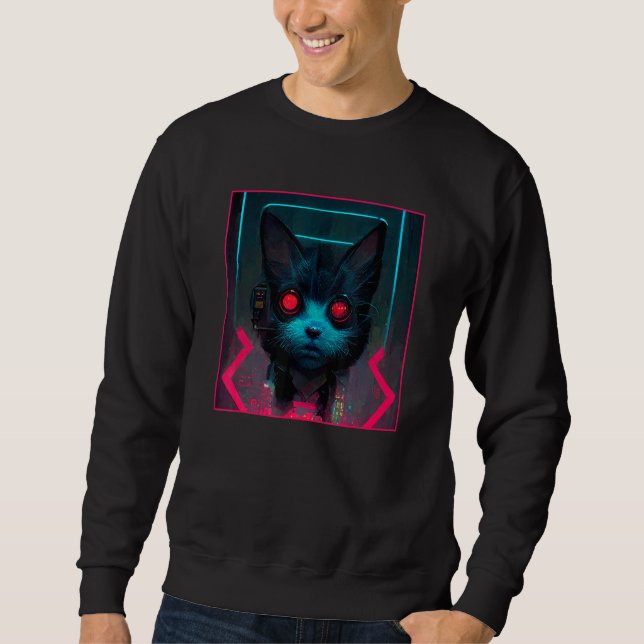 Cyberpunk Cyborg Techno Robot Cat Sweatshirt (Front)