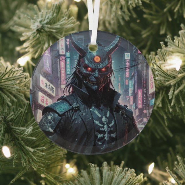 Cyberpunk Demon Samurai Glass Ornament (Insitu)