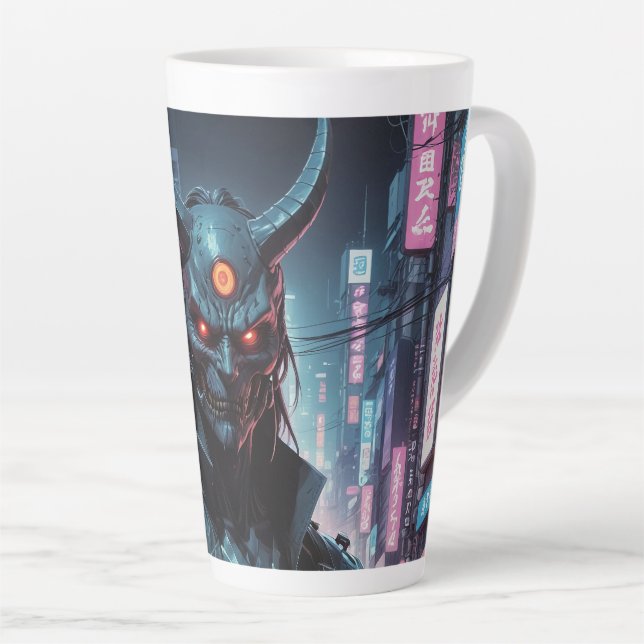 Cyberpunk Demon Samurai Latte Mug (Right Angle)