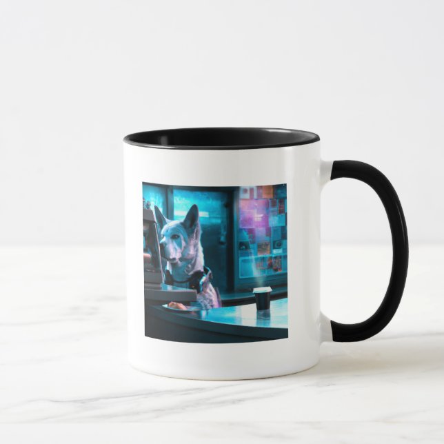 Cyberpunk Dog in Coffee Shop #2 AI Generated  Mug (Right)