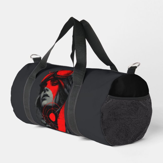 Cyberpunk Dystopian Girl Red Target Duffel Bag (Right Corner)
