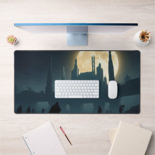 Cyberpunk Full Moon Desk Mat – Futuristic Cityscap