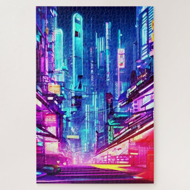 Cyberpunk Futuristic Neon City Jigsaw Puzzle (Vertical)