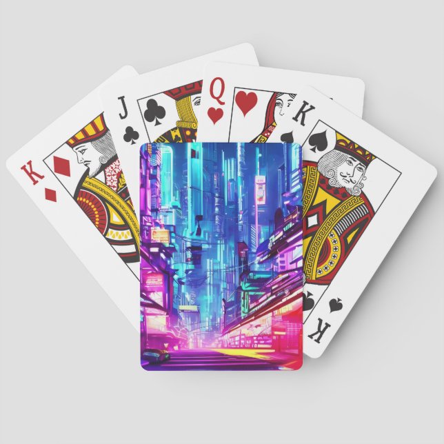 Cyberpunk Futuristic Neon City Playing Cards (Back)
