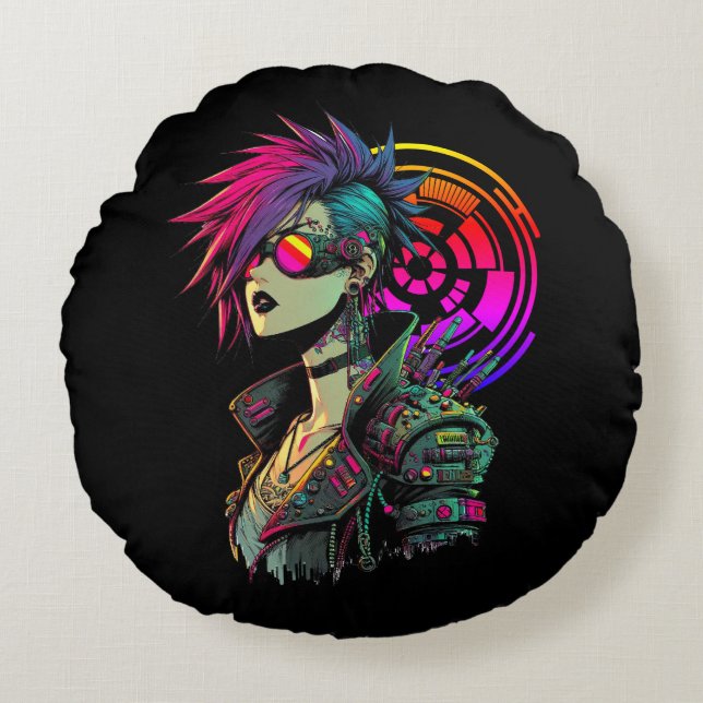 Cyberpunk Girl Round Pillow (Front)