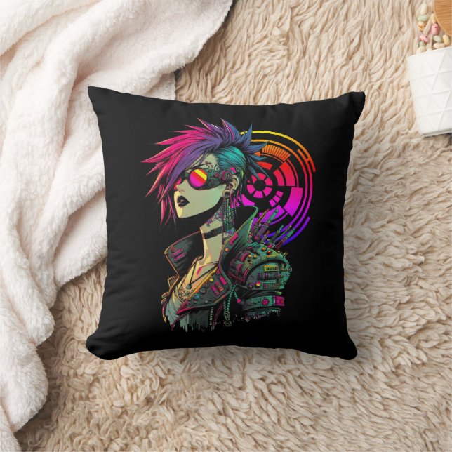 Cyberpunk Girl Throw Pillow (Blanket)