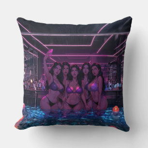 Cyberpunk Girls Night Out Pool Party Illustration Throw Pillow