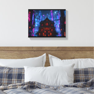 Cyberpunk Halloween Haunted House Neon City Canvas Print
