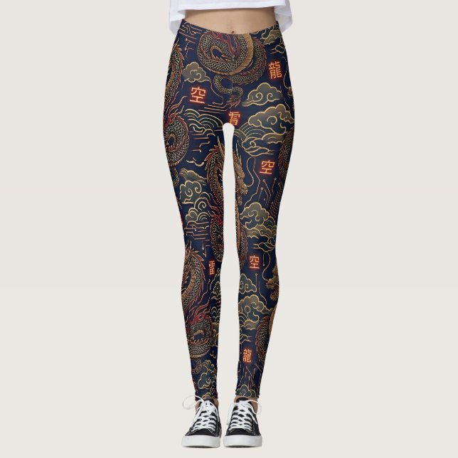 Cyberpunk Japanese Dragon Neon Tech Pattern  Leggings (Front)
