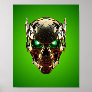 Cyberpunk Mecha Skull Green Neon Gaming Poster
