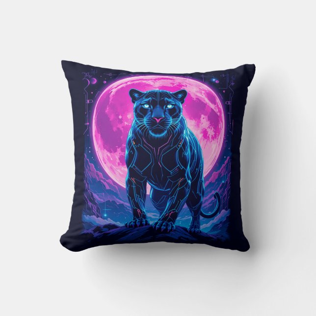 Cyberpunk Neon Black Panther Throw Pillow (Front)