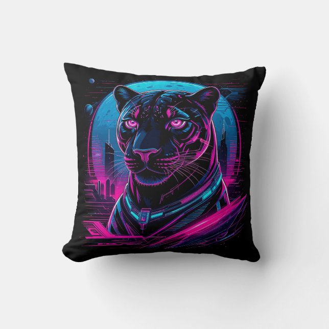 Cyberpunk Neon Black Panther Throw Pillow (Front)