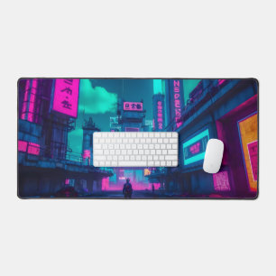 Cyberpunk Neon City Gamer Desk Setup Mat