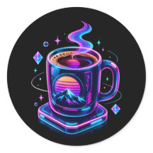 Cyberpunk Neon Coffee Cup Aesthetic Round Sticker